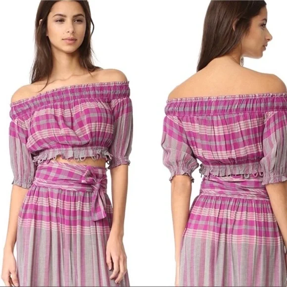 Apiece Apart Oeste Off Shoulder Crop Top pink plaid size 6 - Picture 1 of 10